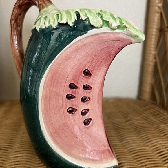 Vintage 20th Century Watermelon Shaped Pitcher Vase Fruit Art Made In Italy - Picture 8 of 10